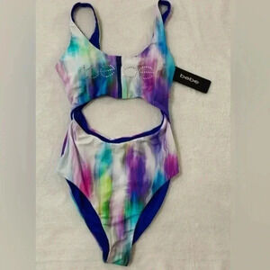 Bebe  One Piece Swim Monokini Bathing Suit Zip Rhinestones Crystals Tie Dye S